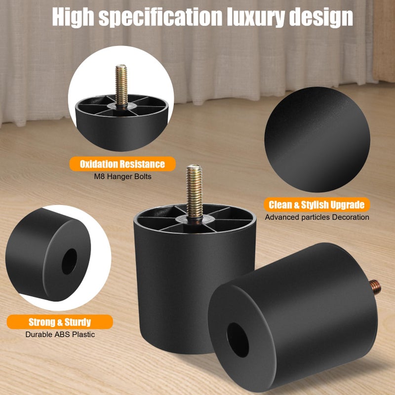Manesi 2-3/4 inch Plastic Furniture Legs, Round Tapered Table Legs Black Sofa Legs Replacement Legs with M8 Hanger Bolts for Couch Table Sofa, Pack of 4 - Image 2